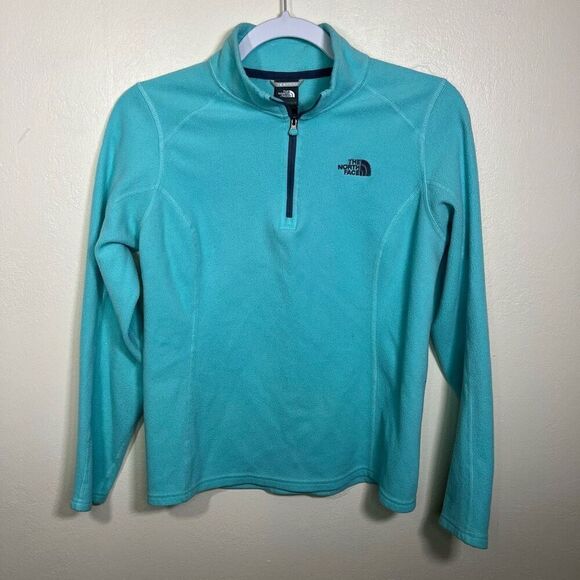 North Face Pullover Womens Medium Teal Blue Fleece Quarter Zip Sweater - Picture 1 of 4